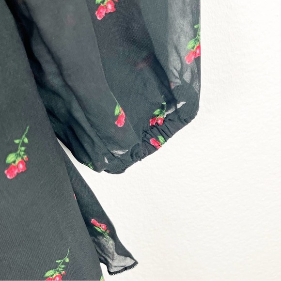 WILDFOX Moira Black Rosebud Print Deep V-Neck Double Layer Flounce Hem Dress - Picture 8 of 9